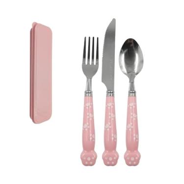 Imagem de Kit Talheres em Inox 3 Peças Garfo Faca Colher Com Estojo Portatil Reutilivazel - Para Marmita, Lanche, Escolar, Viagem e Camping Premium MZZC (Rosa Patinhas)