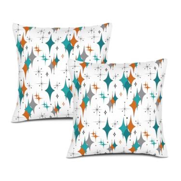 Imagem de Lnepty Capa de almofada de meados do século, azul laranja abstrato atômico padrão geométrico retrô 1950 anos 1960 capa de almofada para casa sofá sofá interior ao ar livre, 40,6 cm x 40,6 cm