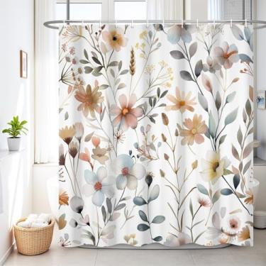 Imagem de Renaiss Cortina de chuveiro floral boho 182 x 213 cm, conjunto de cortinas de chuveiro em tecido floral aquarela bege bege creme bege azul cinza branco para decoração de banheiro com ganchos linda