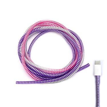 Imagem de Cabo protetor para reparo de fios à prova de animais, protetor de cabo para fones de ouvido de animais de estimação, cabo espiral para alívio de tensão, cabo para telefone, cabo USB, 152 cm, 2 peças, prata-rosa-roxo