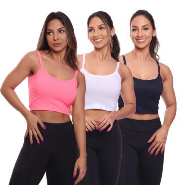 Imagem de Kit 3 Top Cropped Alcinha Canelado Feminino Lisa Básica - Brás e Cia, 
