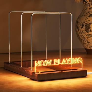 Imagem de NiHome Suporte de disco de vinil com luz LED para amantes de música, suporte seguro para até 50 discos LP, suporte de armazenamento de vinil de madeira e aço inoxidável com design ajustável, tela