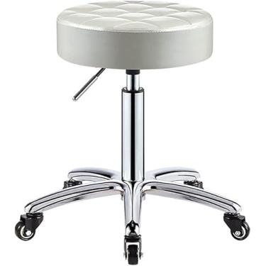 Imagem de Banquinho De Rolamento Com Rodas Almofada Redonda De Couro Pu Bancos Médicos Sem Encosto Cadeira Giratória Hidráulica Ajustável 41-56 Cm Para Salão De Spa Tatua, White, One Size