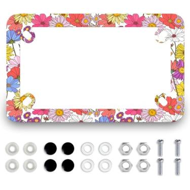 Imagem de Moldura de placa de licença de motocicleta floral flores coloridas aço inoxidável bonito suporte de etiqueta preta 4 furos feminino acessório de motocicleta à prova d'água com parafusos tampas de