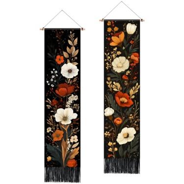 Imagem de BVBOX Pacote com 2 tapeçarias verticais lua e sol, tapeçaria longa estética de flor de paisagem para decoração de parede de sala de estar e quarto 33 cm L x 130 A (tipo 2, 33 cm Lx131 A, sem moldura)
