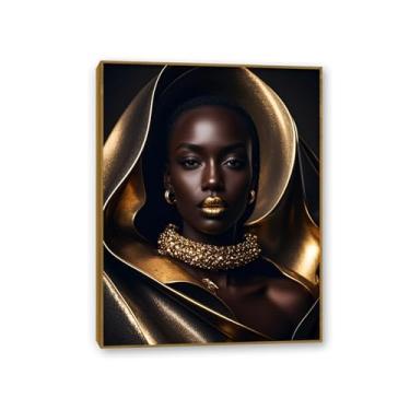 Imagem de Cavnas Africano Americano Arte de Parede Mulher Negra com Colar Emoldurado Pintura Mulher Poster Imagem para Menina Presente Quarto Sala de Estar 40 x 30 cm (16 x 12 pol) Moldura de Teca