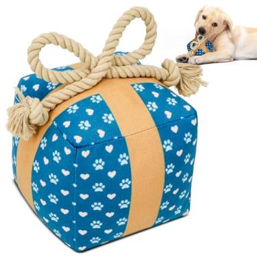 Imagem de PUPROAR Caixa de presente de brinquedo para cachorro estridente – Presente de aniversário para cachorro com papel enrugado e laço de corda, durável e de pelúcia para brincar de cabo de guerra e