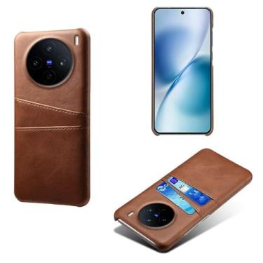 Imagem de Capas Compatível com vivo X200S,tampa protetora de couro falso,design de saco de cartão com 2 fendas de cartão atrás,proteção anti-impressão digital e anti-gota-Brown