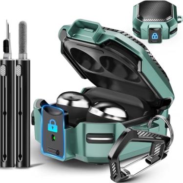Imagem de Capa de fibra de carbono com trava para Samsung Galaxy Buds Pro 2/Galaxy Buds FE Cases 2023/Bud 2/Bud Live/G Bud Pro com chaveiro e kit de limpeza - verde