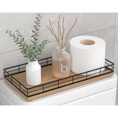 Imagem de Organizador de cesta de papel higiênico – Bandeja de vaso sanitário de madeira de acácia com moldura de metal, parte traseira do tanque ou balcão de banheiro superior – decoração moderna preta e