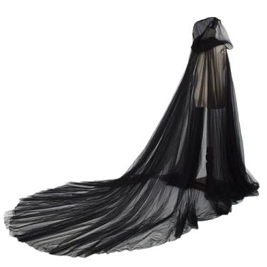 Imagem de Capa de tule transparente para casamento, com capuz, vestido de noiva de tule com cauda longa para fantasia vintage, cosplay, Dia das Bruxas, Preto, One Size