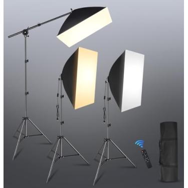 Imagem de Softbox, Soft box, 110-240V, Softbox com Tripé, Kit Softbox para Iluminação Profissional, Kit de Fotografia de 3 Luzes com Função de Controlo Remoto de 5M, Luz de Três Cores Regulável