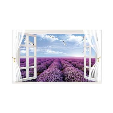 Imagem de Paisagem Impressões em Tela-Pássaro campo Flores roxas-Janela Falsa Quadro de Parede-Natureza Pintura para Decoração Banheiro 30x50cm Sem Moldura