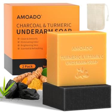 Imagem de AMOADO Conjunto de sabonete desintoxicante de axilas, sabonetes desodorantes para remoção de axilas escuras, eliminação de odor, barra de açafrão natural com VC, sabão de carvão com menta - bolsa de