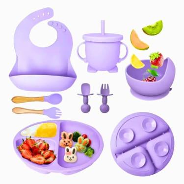 Imagem de Conjunto de Alimentação Infantil em Silicone, 8 Peças, Iniciação Para Alimentos Livre de BPA Atóxico Antibacteriano Seguro, Sem Pontas Colher, Garfo, Copinho com Alça, Pote e Pratinho Criança 6 Meses (lilás)