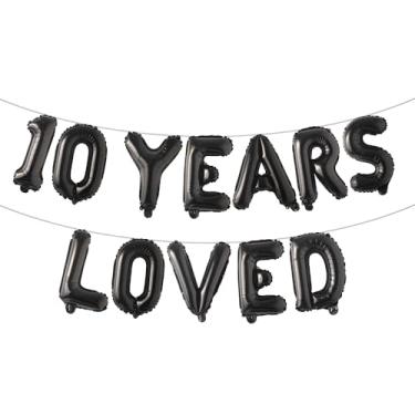 Imagem de Banner de balão multicolorido 10 YEARS LOVED, decorações de festa de aniversário de 10 anos/casamentos, cenários de sinalização (10 anos amados preto)