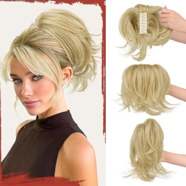 Imagem de Sofeiyan Extensão de rabo de cavalo curto com clipe de garra, faça você mesmo, fios dobráveis, coque de cabelo falso fofo, extensões de rabo de cavalo de cabelo sintético liso para Wonen - loiro