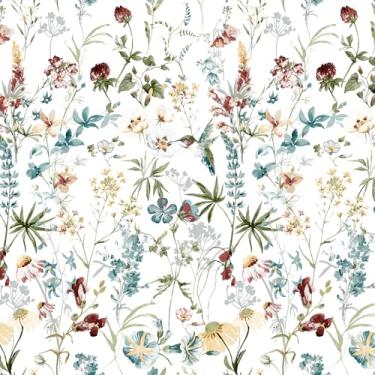Imagem de VEELIKE Papel de parede floral turquesa boho flores silvestres com pássaro papel de parede para banheiro quarto 17,7 x 354 polegadas pré-colado papel de contato floral botânico removível para armários