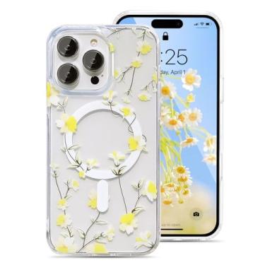 Imagem de UEEBAI Capa magnética para iPhone 16 Pro, capa de flores compatível com MagSafe, capa de telefone floral bonita com carregamento sem fio, antiamarelamento, flores luxuosas, capa transparente para