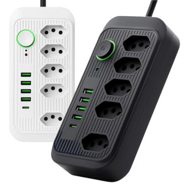 Imagem de Extensão Filtro de Linha com 5 Tomadas 4 USB + 1 Tipo C - Cabo de 2 metros BiVolt 110-220V, Potência de 2500W e Carregamento Inteligente Premium