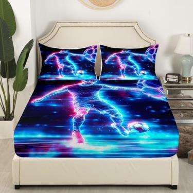 Imagem de Jogo de cama solteiro de jogador de futebol, geométrico, futebol americano, para decoração de quarto de meninas, adolescentes, esportes neon, futebol (1 lençol com elástico + 1 fronha) sem lençol de