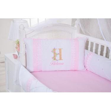 Imagem de Kit para berço bebê 419 branco/rosa - personalizamos com nome do seu b
