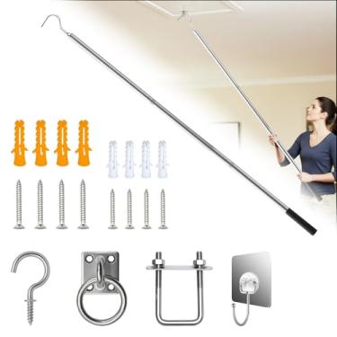 Imagem de Kit de sistema de gancho de puxar para baixo no sótão - Haste de haste de extração de escadas de porta de escada resistente, substituição para corda de corda com 2 alças, inclui gancho de chifre de