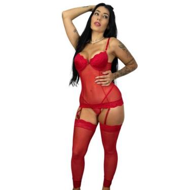 Imagem de Espartilho em Tule Sexy com Meia e Calcinha Fio Dental, Lingerie Compl