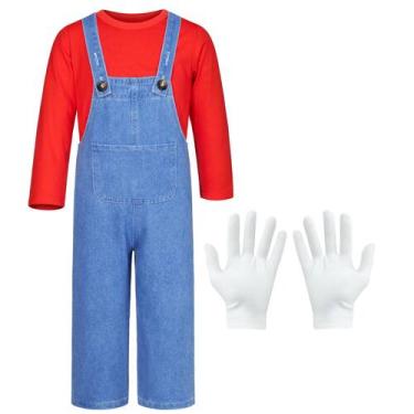 Imagem de Fantasia de encanador infantil Mavoka Jeans, macacão vermelho 4-5T