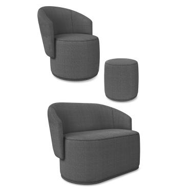 Imagem de Sofá Namoradeira com Poltrona e Puff Orgânico Sala Malu Bouclê Grafite M11 - D'Rossi