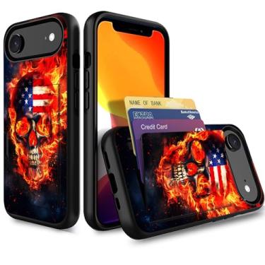 Imagem de Vobber Capa para iPhone Air, capa tipo carteira escondida com compartimento para cartão à prova de choque TPU e PC capa protetora de camada dupla para iPhone Air de 6,5 polegadas 2025, caveira de fogo