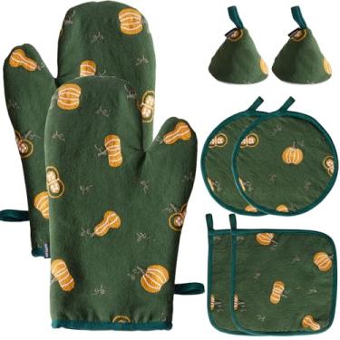 Imagem de Hausfrau Conjuntos de luvas de forno e suportes de panela de jacquard bordadas com capa de cabo de ferro fundido, 8 peças, luvas de cozinha florais vintage resistentes ao calor, luvas de forno para