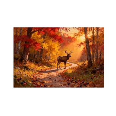 Imagem de Quadro arte parede outono-Veado sol estrada floresta Impressões em tela paisagens-Pintura animais para sala estar decoração fazenda 20x30cm Sem Moldura