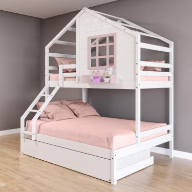 Imagem de Treliche Casinha Com Janela Casal-solteiro Madeira Maciça Branco- Rosa Housin