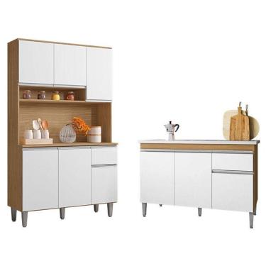 Imagem de Balcão De Pia Tatiane 120cm E Armário Cozinha Kit Márcia Amêndoa Branco - Ajl