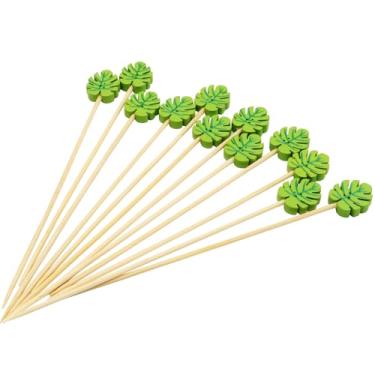 Imagem de Hitefu 100 palitos de coquetel de folhas verdes Monstera, espetos de aperitivo de bambu de 12,7 cm para festas tropicais e enfeite de frutas