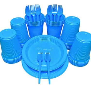 Imagem de Kit 300 Itens Festa Aniversário Descartáveis Plástico Colorido Perolado 100 Pessoas Completo Pratinho Garfinhos Copos (Azul)