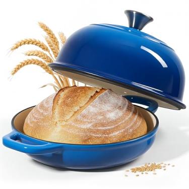 Imagem de Forno holandês de 4,5 litros para assar pão, forno de ferro fundido para fermento, forno holandês esmaltado com tampa, panela de pão antiaderente resistente, azul