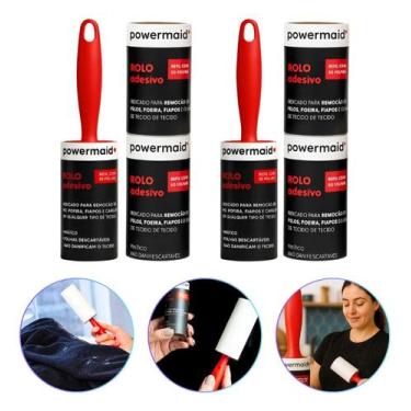 Imagem de Kit 2 Rolos Adesivos 4 Refil Tira Pelos Roupa Sofá 180 Fls Powermaid