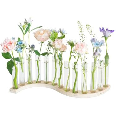 Imagem de Vasos de tubo de ensaio para flores, estação de propagação de plantas pequenas, terrário de plantas em forma de S com suporte de madeira (madeira clara)