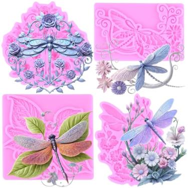 Imagem de MIYAHOUSE Dragonfly Fondant Moldes de silicone para decoração de bolos, topo de cupcake, pasta de goma de chocolate, argila de polímero, conjunto de 4