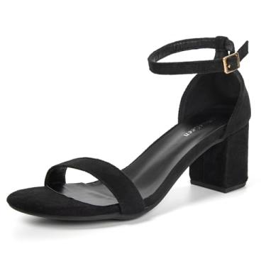 Imagem de qibusleen Sandália feminina de salto com duas tiras de camurça preta com tiras no tornozelo salto aberto 5 cm salto baixo sem ruído verão festa de casamento trabalho sandália sapatos, Camurça preta