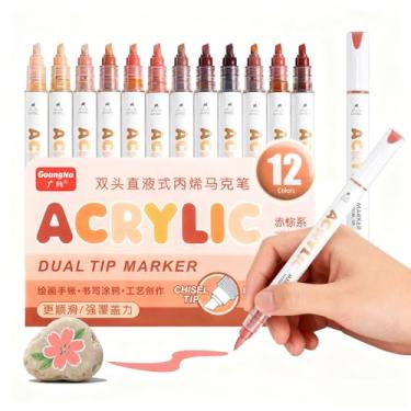 Imagem de kander Marcadores de tinta acrílica de ponta dupla de 12 cores, cor marrom avermelhado — conjunto de canetas de pincel extrafino e macio com fluxo direto de tinta para esboçar, detalhar, colorir em