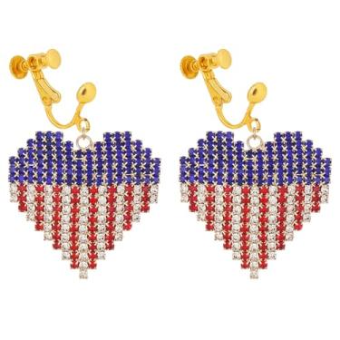 Imagem de Brincos patrióticos de 4 de julho, brincos com clipe de bandeira americana, brincos pendentes do Dia da Independência, não perfurados, joias modernas para mulheres, vermelho, branco, azul, Zinco, Sem