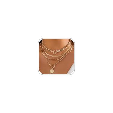 Imagem de YNZGYBY Conjunto de colar feminino com pingente de moeda em camadas de ouro com fivela dupla OT delicada, corrente cubana, gargantilha de disco, corrente de elos de cobra, acessórios de joias grossas