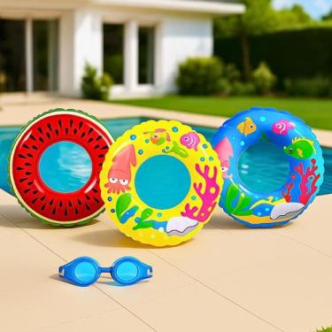 Imagem de Kit 3 Boias Criança Infantil Inflável Praia Piscina Estampa +Óculos de