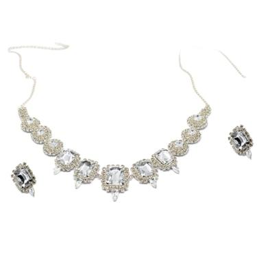 Imagem de IArtis Conjunto de colar e brincos de strass prateado para mulheres – Conjunto de joias de noiva de cristal para casamentos, formaturas, festas e eventos formais | Presente para esposa, mãe, irmã