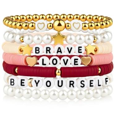 Imagem de 7 peças de pulseiras de amizade rosa e vermelha, pulseiras femininas modernas de contas de argila Heishi, boêmia, empilhável, banhadas a ouro, com contas, conjunto de pulseiras elásticas de surfista