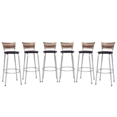 Imagem de Banqueta Altas Junco Cappuccino Estrutura Prata 70cm Para Balcão Cozinha, Bar, Bistrô, Americano Kit 05 Unidades - Itagold (Marrom Escuro)