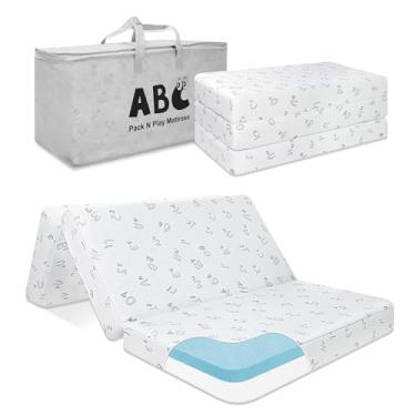 Imagem de voomf Colchão Pack and Play com três dobras, 96,5 cm x 66 cm de espuma viscoelástica de dois lados para bebês e crianças, colchão dobrável portátil de viagem para cercadinho Pack N Play, alfabeto